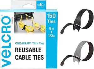 VELCRO Brand 150pk Cable Ties Value Pack | Replace Zip Ties with Reusable Straps, Reduce Waste | For Wire Management and Cord Organizer | 8 x 1/2 Thin Pre-Cut Design, Black and Gray