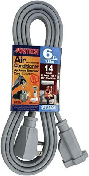 POWTECH Heavy duty 6 FT Air Conditioner and Major Appliance Extension Cord UL Listed 14 Gauge, 125V, 15 Amps, 1875 Watts GROUNDED 3-PRONGED CORD