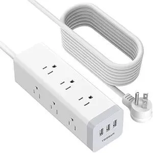 TESSAN Flat Plug Long Extension Cord 15 Ft, Surge Protector Power Strip with 9 Outlets 3 USB Ports, Desktop Multi Outlets Charging Station for Home, Office, School, Dorm Room Essentials, Grey