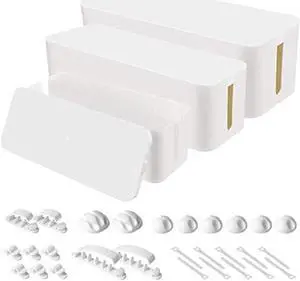 Cable Organizer Box Set of Three, Power Cover Cord Holder Surge Protector for Desk (White)