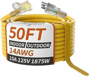 14/3 Gauge Yellow Outdoor Extension Cord 50 ft Waterproof with Lighted Indicator, Cold Weatherproof -40°C, Flexible 3 Prong Extension Cord Outside,15A 1875W 14AWG SJTW, ETL Listed PlugSaf