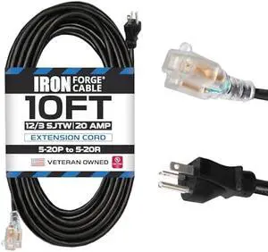 Iron Forge Cable 10 Ft 20 Amp Dryer/EV Extension Cord - 5-20P to 5-20R Lighted Black SJTW 12 Gauge Electric Cable