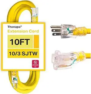 Thonapa 10 Gauge Extension Cord 10 Ft, Weatherproof Heavy Duty Outdoor Extension Cord 10 AWG 10', SJTW 3 Prong Lighted Plug 10/3 Yellow Cable 15 Amp, Great for Major Appliances & Garden Tools