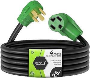 RVMATE 4 Prong Dryer/EV Extension Cord 25 Feet, 30 Amp NEMA 14-30P to 14-30R 125V/250V Waterproof PVC Jacket, Perfect for Dryer Power Extension and Level 2 EV Charging, ETL Listed