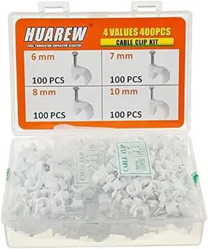 HUAREW 4 Sizes 400 Pcs White Plastic Steel Nail Cable Clips Apply to RG6 RG59 CAT5 CAT6 Ethernet/TV Wire/Telephone/Led Starlight/Print Cable Round Management Cable Wire Clips 6/7/8/10 mm