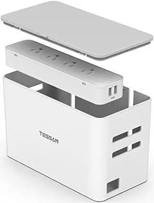 Power Strip with Cable Management Box, TESSAN 5 ft Flat Plug Extension Cord, 4 Outlets 2 USB Ports with Overload Switch, Mountable White Power Cord Organizer Charging Station for Dorm, Office, Home