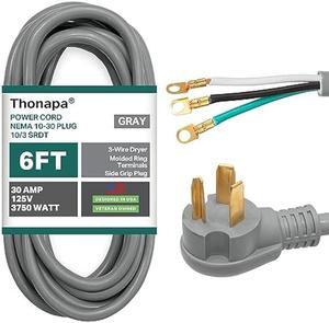 Thonapa 3 Prong Dryer Cord 6 Ft, 30 Amp Appliance Extension Cord 3 Prong 6 Foot, NEMA 10-30 Plug, 10/3 SRDT Gray Dryer Power Cord with Molded Ring Terminals