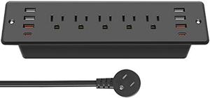 CCCEI Recessed Power Strip Surge Protector with 5 Outlets, USB Hub 3.0 USB-A and 45W USB-C Ports, Built in Furniture Desk Hidden Outlet, with 6 FT 45 Degree Flat Plug Extension Cord.