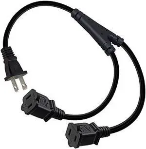 1-15P to Dual 1-15R Splitter Cord,2-Prong Extension Cord US AC 2-Prong Male and Female Power Cable SPT2 18AWG 10A/125V, 2-Outlet Saver Power Extension Cord Cable (1-15P to 2X1-15R, 2ft/0.6m)