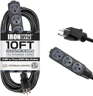 Iron Forge Cable 220/240 Volt Extension Cord, 10 Ft - 14/3 SJTW 6-15P Male Plug to Three Box Outlets