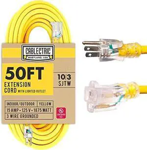 Cablectric 50 Ft Outdoor Extension Cord - 10/3 SJTW Heavy Duty Yellow 10 Gauge Lighted Electrical Cable with 3 Prong Grounded Plug