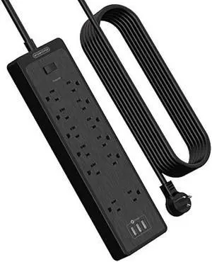 Flat Plug Extension Cord 25 Ft, NTONPOWER Surge Protector Power Strip with 12 Outlets(2 Widely Space) 3 USB, Overload Protection Switch, 2100 Joules, Wall Mount for Home Office and Workbench, Black