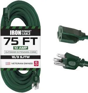 Iron Forge Cable 75 Foot Outdoor Extension Cord, 16/3 Green 75 Ft Extension Cord Indoor/Outdoor Use, 3 Prong, Weatherproof Jacket Extension Cord, Grea