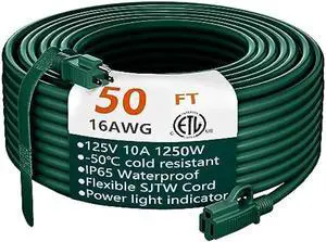 Indoor Outdoor Green Extension Cord 50 ft Waterproof, 16/3 Gauge Flexible Cold-Resistant Appliance Extension Cord Outside, 13A 1625W 16AWG SJTW, 3 Prong Heavy Duty Electric Cord, ETL HUANCHAIN