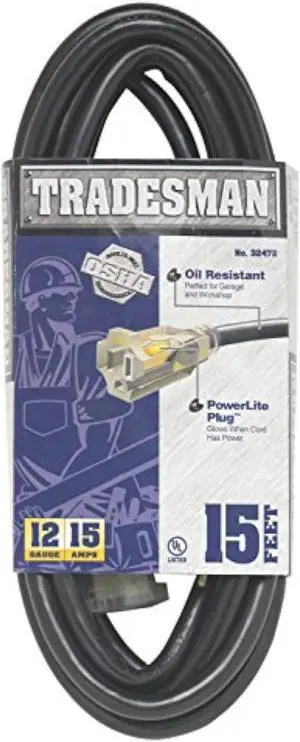 Woods 32472 12/3 15-Foot SJTOW Heavy Duty Lighted Extension Cord for Indoor/Outdoor Use, Black, 1 Pack