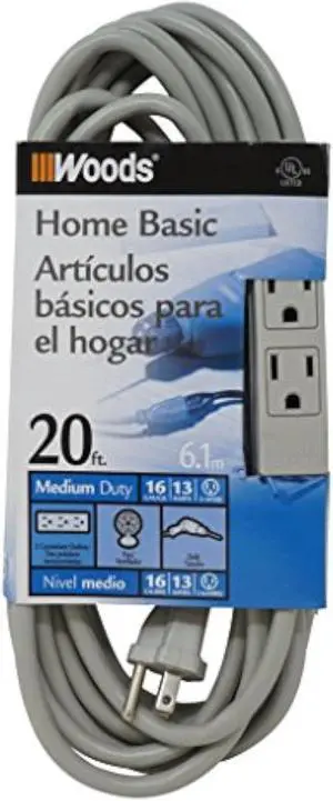 Woods Light Duty Extension Cord, 20Ft, 16 Gauge, 3 Conductor, 3 Outlet Cord, SJTW, Gray, 2867