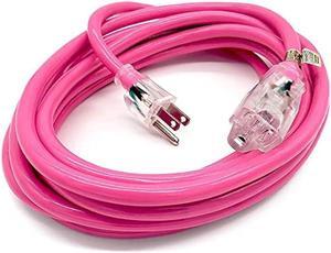 15 ft - 14 Gauge Heavy Duty Lighted SJTW Indoor/Outdoor Pink Extension Cord by Watt's Wire - 15' 14-Gauge Grounded 15-Amp Power-Cord (15 Foot 14-Awg Pink)