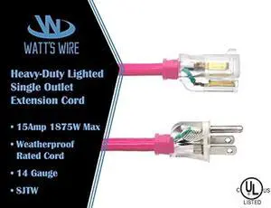 15 ft Outdoor Extension Cord Waterproof - 14 Gauge Heavy Duty Extension Cord - Lighted Outdoor Extension Cords - Watts Wire - 15' Grounded - extensiones electricas