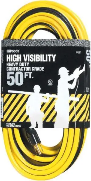Woods 0521 14/3 SJTW High Visibility Outdoor Extension Cord; 50-Feet; Yellow/Black