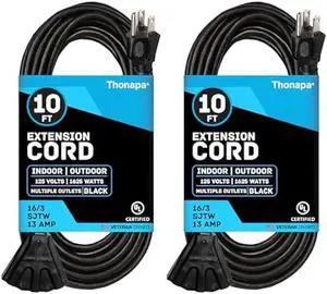 THONAPA 2 Pack of 10 Ft Outdoor Extension Cord with 3 Outlets - 16/3 Black Extension Cord with Multiple Outlets 3 Prong 10ft, SJTW Weatherproof Cable Great for Lawn Mower, Landscaping, Home Office Use