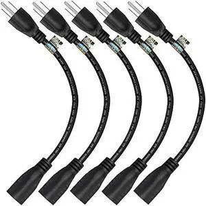 1 Foot Extension Cord - Three Prong Space Saver Short Cable, 16 AWG Thickness - 5 Pack - By Luxury Office