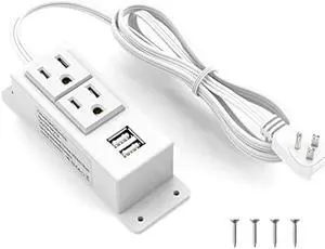 Kungfuking Power Strip with USB, Wall Mountable Socket Surge Protector Power Strip with 2 AC Outlets and 2 USB Charging Ports White Extension Cord 6.56 FT, Flat Plug