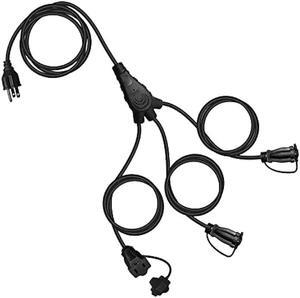 EP Outdoor Extension Cord 1 to 3 Splitter, Max 6ft End to End (12FT Total), 3 Prong Outlets Plugs, 16/3 SJTW Weatherproof Wire for Christmas Landscape String Lights, Black