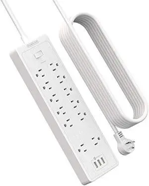Extension Cord 25 ft Power Strip, NTONPOWER 2100 Joules Surge Protector with 12 Outlet 3 USB Port, 1875W/15A, Overload Protection, Flat Plug, Long Cord for Workbench, Home Office Accessories, White