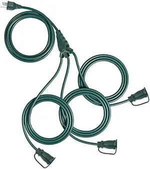 Outdoor Extension Cord with Multiple Outlets, 12 ft Green 1 to 3 Splitter Extension Cords, 16/3 SJTW Weatherproof Wire for Outdoor Lights and Holiday Decorations, ETL Listed