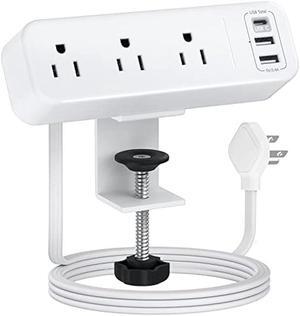 3 Outlet Desk Clamp Power Strip with USB C, White Flat Plug Desktop Edge Power Strip, Desk Mount Clamp Socket Connect 6.5 ft Thin Extension Cord for 1.6 inch Tables.