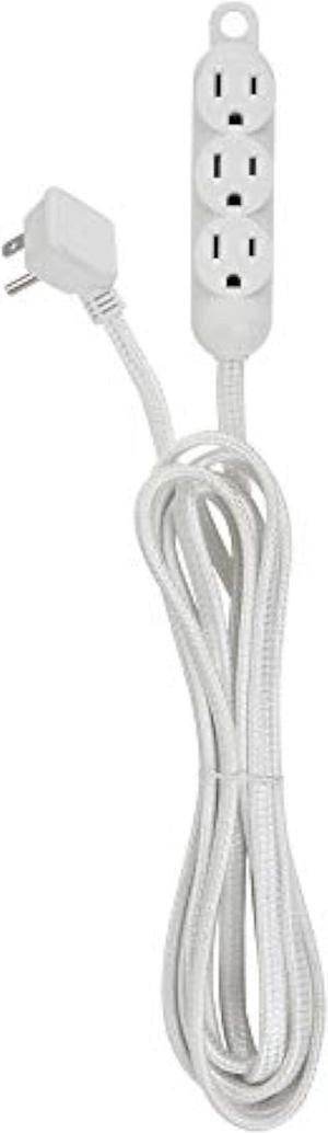 12ft Light Duty 3-Outlet Indoor Extension Cord, Grounded Outlets, Right Angle Plug, White Hanging Hook, Designer Fabric Cord, 16/3, SPT-3, 13AMP, White
