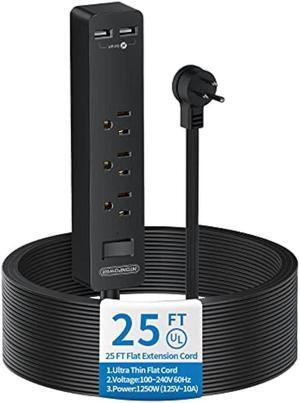 Flat Plug Extension Cord 25 Ft, NTONPOWER Ultra Thin Flat Extension Cord Under Carpet, Rug, Door, 3 Outlets Power Strip with 2 USB Ports, Wall Mount, Overload Protection for Indoor Home Office, Black