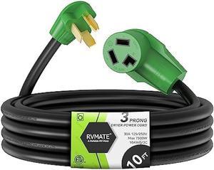 RVMATE 3 Prong Dryer/EV Extension Cord 10 Feet, 30 Amp NEMA 10-30P to 10-30R 125V/250V Waterproof PVC Jacket, Perfect for Dryer Power Extension and Level 2 EV Charging, ETL Listed