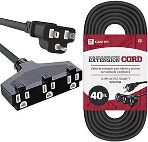 Indoor/Outdoor Extension Cord with 3 Outlets - 40 Ft Multi-Outlet 1625W Wire, 16/3 SJTW Grounded Plug - for Outside & Indoor Use, Waterproof & Weather Resistant - Black - ELECTERY ETL Listed