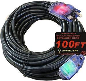 Contractor Grade 100 ft 10 Gauge Power Extension Cord 10/3 Plug , Black 10 Gauge Extension Cord 10 3 100 Foot Extension Cord with Lighted Ends (100 ft 10 Gauge, Black)