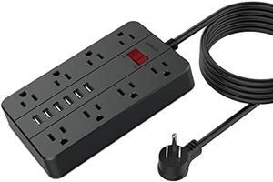 10 Ft Extension Cord Surge Protector, SMNICE 8 Widely Spaced Outlets and 6 USB Charging Ports Flat Plug Power Strip, Desktop Power Cord for Travel Home Office Accessories Black