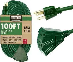 Cablectric Long Outdoor Extension Cord 100 FT with 3 Power Outlets - 16/3 SJTW Green 16 Gauge Multiple Outlets Pigtail Weatherproof Electrical Cable with 3 Prong - Great for Gardens, Landscaping, Lawn