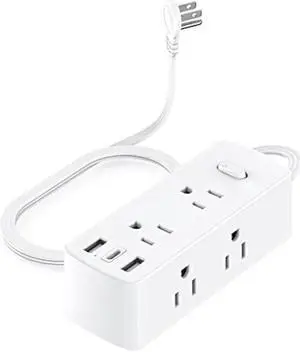 Flat Extension Cord 5ft, Flat Plug Power Strip Surge Protector with 6 Outlets 3 USB Ports(1 USB C), Compat for Office Travel Dorm Room Essentials