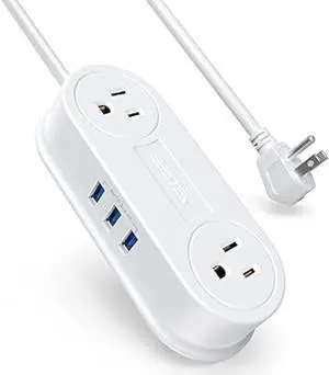 Small Power Strip with 3 USB Ports, BESTEK 2 Outlet Portable Plug Strip Charging Station with Adhesive Sticker, 5 Ft Extension Cord, Ultra-Compact for Cruise Ships, Dorm Room,Travel, Bedside, Office