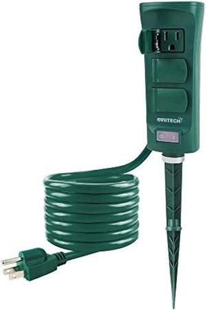 Outdoor Power Strip with Weatherproof Cover, 6 FT Extension Cord and 6-Outlet Yard Power Stake with ON/Off Switch, ETL Certified, Green