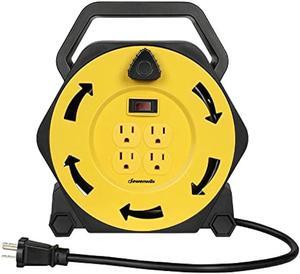 DEWENWILS Extension Cord Reel with 25 FT Power Cord, Hand Wind Retractable, 16/3 AWG SJTW, 4 Grounded Outlets, 13 Amp Circuit Breaker, Yellow, Black, UL Listed