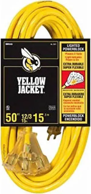 Southwire Outdoor Extension Cord - Power Light Indicator Cable for Heavy Duty Tools - SJTW - 12 Gauge - Water Resistant - High Visibility - Yellow - 50 Foot