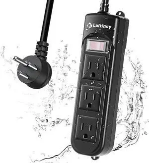 Loitinsy Outdoor Power Strip Weatherproof, Waterproof Flat Plug with 3 Outlets, 6.5 FT Extension Cord, Overload Protection and Shockproof, Suitable for Home and Outside, Wall Mountable, Black