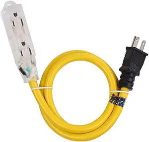 Lighted Outdoor Extension Cord - Heavy Duty Yellow Power Cable Splitter by Journeyman-Pro 3-Prong NEMA 5-15P to Three Electrical Outlets (Inline Triple-Tap) 5-15R - 15 AMP 125 Volts Short (3FT)