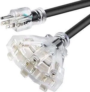 6 FT 12/3 Extension Cord Heavy Duty Black 3-Outlet Indoor/Outdoor SJTW Lighted 12-Gauge Grounded Power Cable ,12AWG 15 Amp, 1875 WattsUL ListedSafety