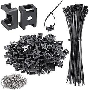 100 Pcs Cable Zip Tie Saddle Type Mounts Base with 8 Cable Ties Tapping Screw, Wire Cable Clips Organizer Holders Clamps Black