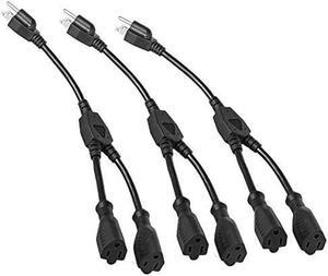 2 Way Power Splitter and 1' Extension Cord - 1 to 2 Cable Strip with 3 Pronged Outlet and Y Style Extension Cord  3 Pack - Black - SJT 16 AWG  by Luxury Office