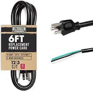 Cablectric 6 Foot 12 AWG Replacement Cord with Open End - Black Extension Cable, 12/3 SJT, NEMA 5-15P