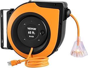 VEVOR Retractable Extension Cord Reel, 65 FT, Heavy Duty 12AWG/3C SJTOW Power Cord, with Lighted Triple Tap Outlet, 15 Amp Circuit Breaker, 180° Swivel Bracket for Ceiling or Wall Mount, UL Listed