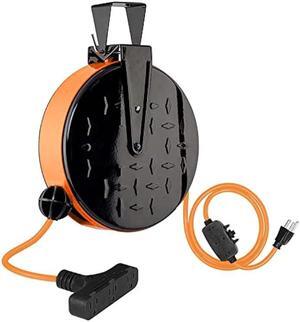 EP 30 Ft Retractable Extension Cord Reel, 16/3 SJTW Power Cord with 3 Electrical Outlets, Ceiling or Wall Mount, 10 Amp Circuit Breaker, Metal Plate, UL Listed, Orange